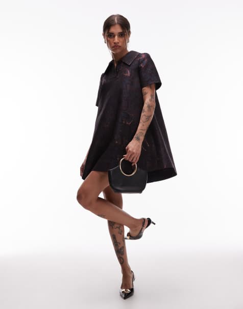 & Other Stories metallic jacquard mini swing dress with collar in tonal butterfly pattern