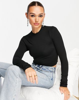 & Other Stories super soft high neck cropped jersey top in black