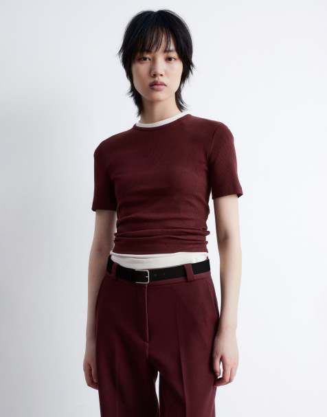 & Other Stories super soft jersey ribbed T-shirt in burgundy wine - view 1