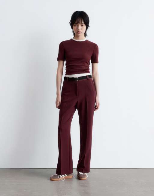 & Other Stories super soft jersey ribbed T-shirt in burgundy wine, 2 of 4