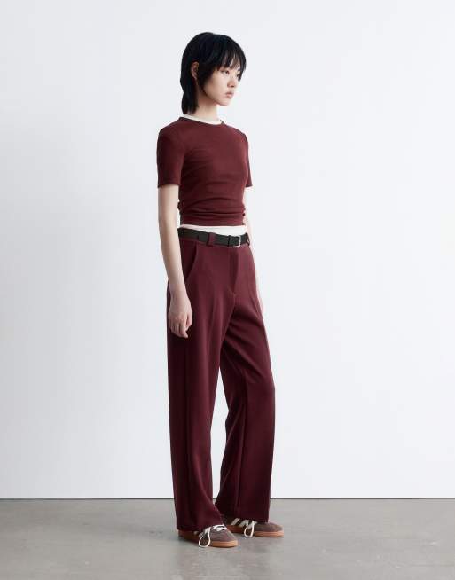 & Other Stories super soft jersey ribbed T-shirt in burgundy wine, 3 of 4