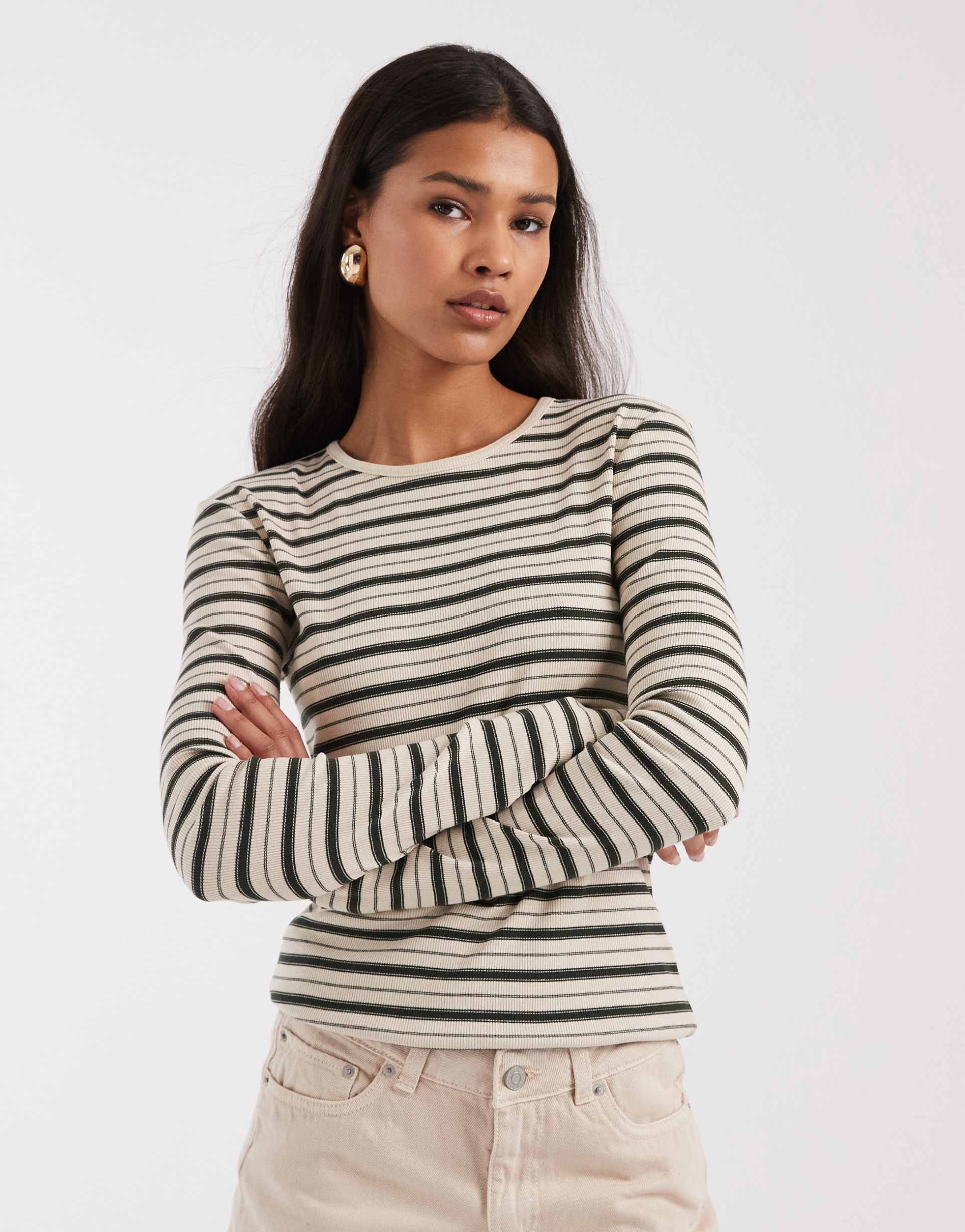 & other stories super soft rib knit long sleeve slim top in white stripes