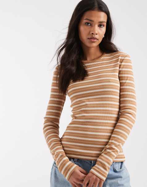 & Other Stories super soft rib long sleeved slim top in beige stripe - view 1