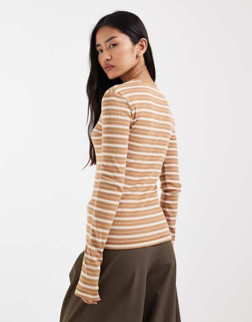 & Other Stories super soft rib long sleeved slim top in beige stripe, 4 of 4