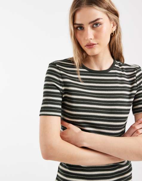 & Other Stories super soft rib slim t-shirt in dark green stripe
