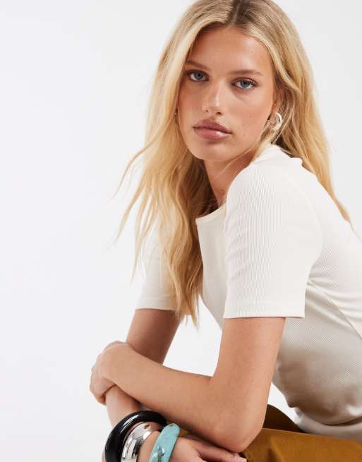 & Other Stories super soft rib slim t-shirt in off white, 4 of 4