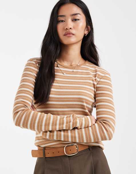 & Other Stories super soft ribbed long sleeved slim top in beige stripe - view 1
