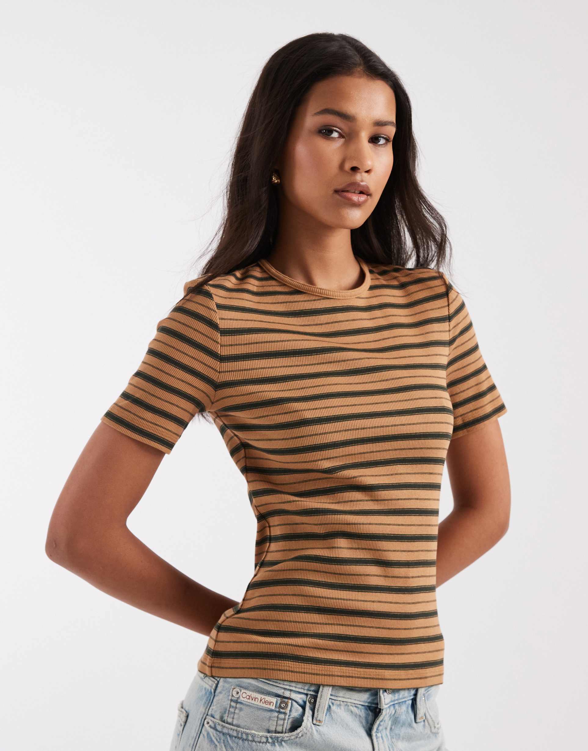 & other stories super soft ribbed slim t-shirt in beige stripe