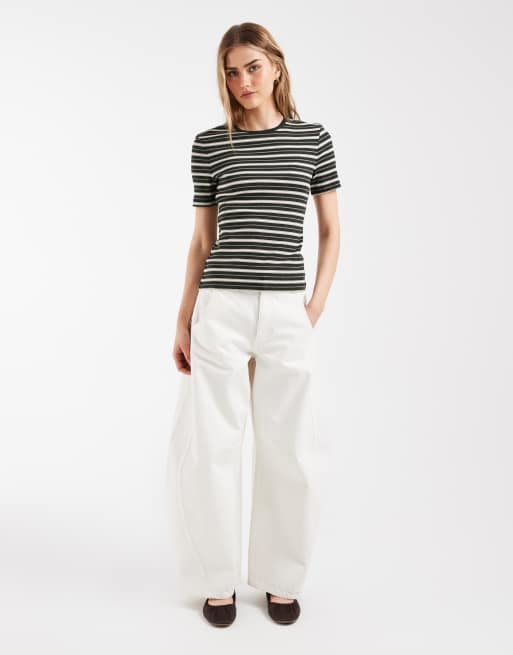 & Other Stories super soft ribbed slim T-shirt in dark green stripe, 2 of 4