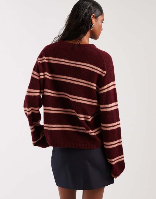 & Other Stories supersoft alpaca wool blend sweater with wide sleeves in burgundy and pink stripes