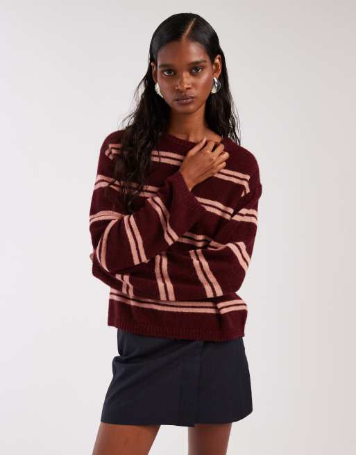 & Other Stories supersoft alpaca wool blend sweater with wide sleeves in burgundy and pink stripes