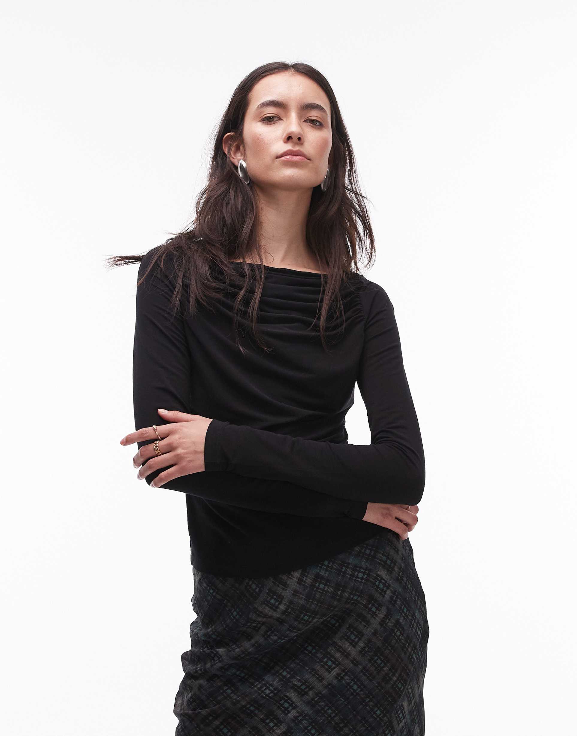 & other stories supersoft jersey ruche boat neck top with long sleeves in black