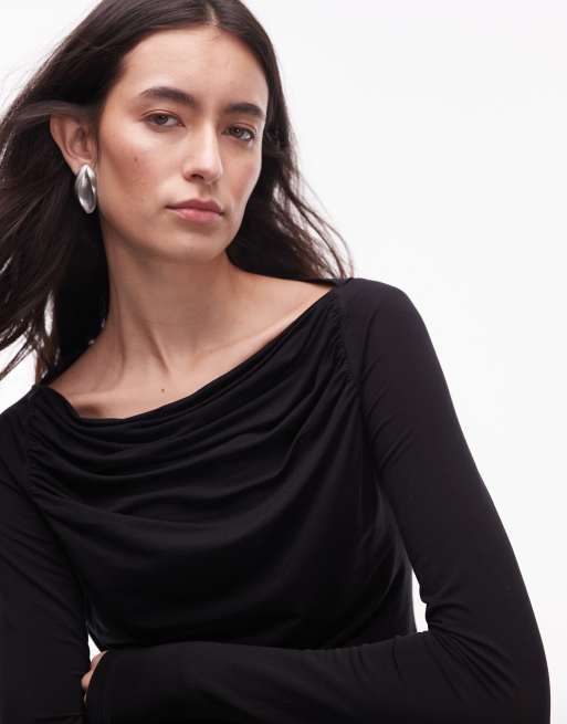 & Other Stories supersoft jersey ruche boat neck top with long sleeves in black