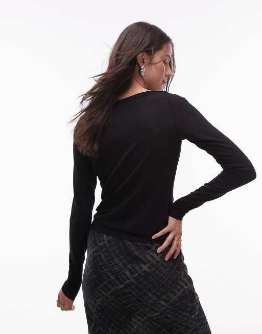 & Other Stories supersoft jersey ruche boat neck top with long sleeves in black