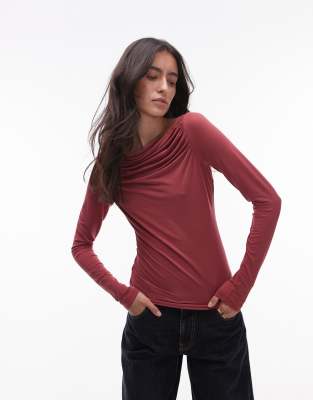 & Other Stories supersoft jersey ruche boat neck top with long sleeves in red