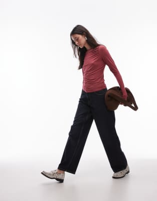 & Other Stories Supersoft Jersey Ruche Boat Neck Top With Long Sleeves In Red