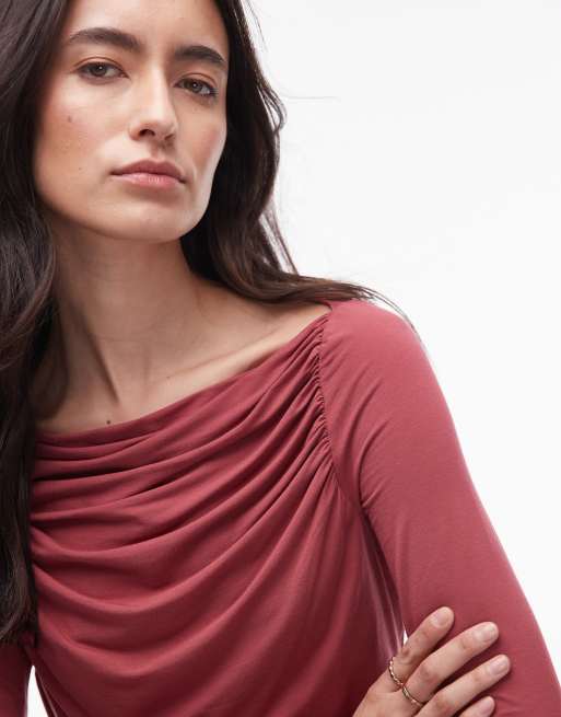 & Other Stories supersoft jersey ruched boat neck top with long sleeves in red, 3 of 4