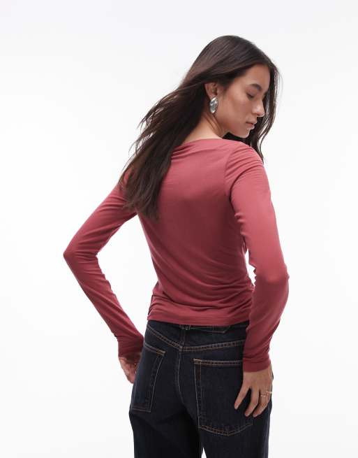 & Other Stories supersoft jersey ruched boat neck top with long sleeves in red, 4 of 4