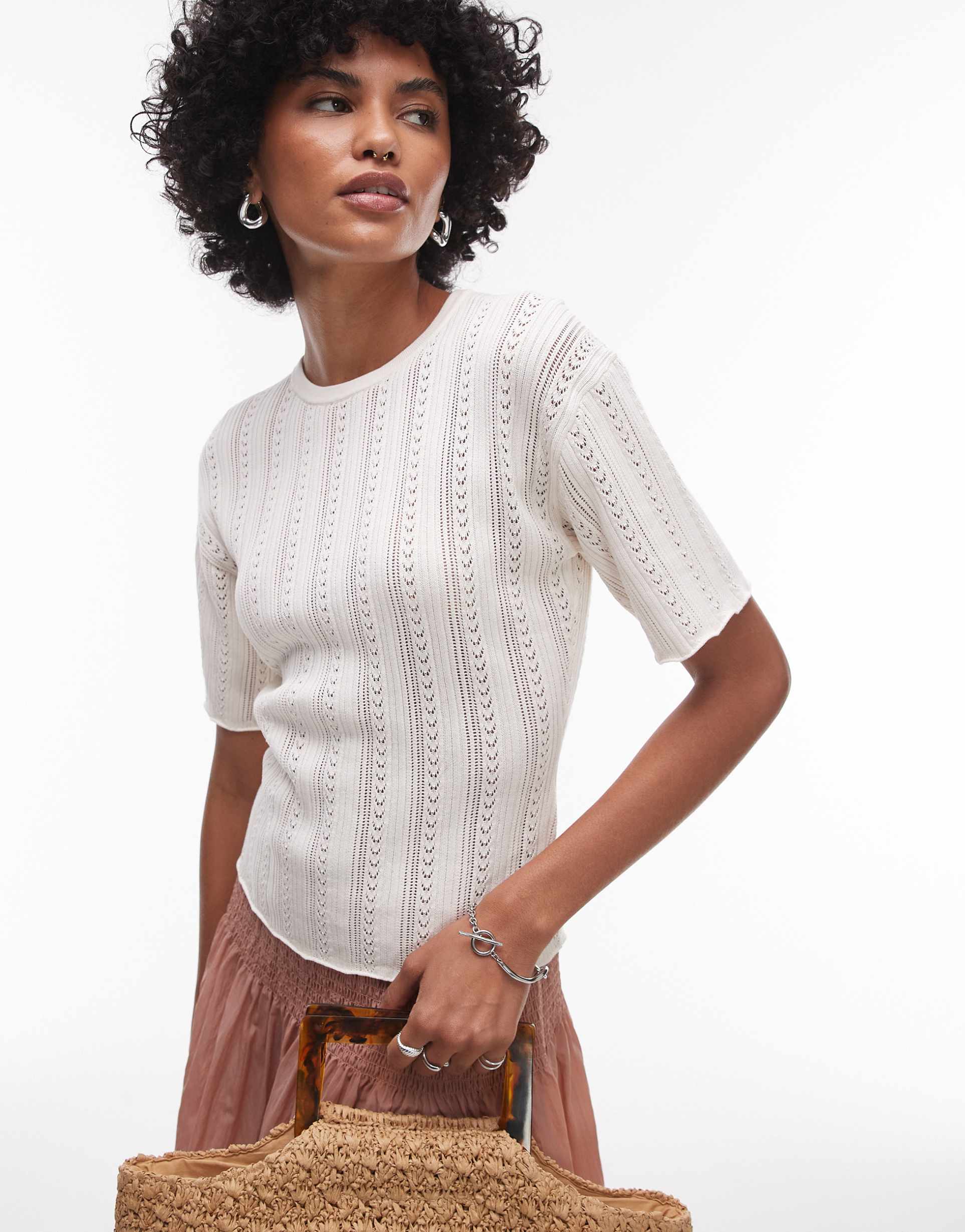 & other stories supersoft knit pointelle t-shirt with fluted edges in white