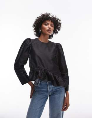 & Other Stories – Svart blus med asymmetrisk volangfåll av satin - view 1