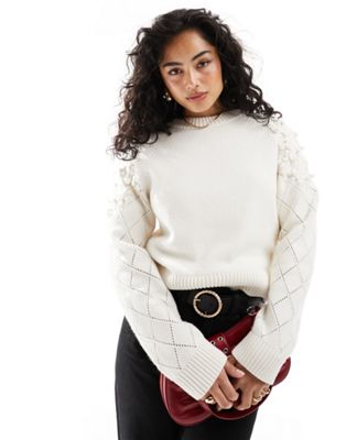 & Other Stories sweater with 3D flower embellished sleeves in beige