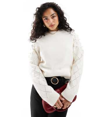 & Other Stories sweater with 3D flower embellished sleeves in beige-Neutral