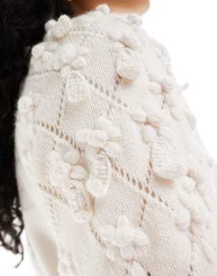 & Other Stories Sweater With 3d Flower Embellished Sleeves In Neutral