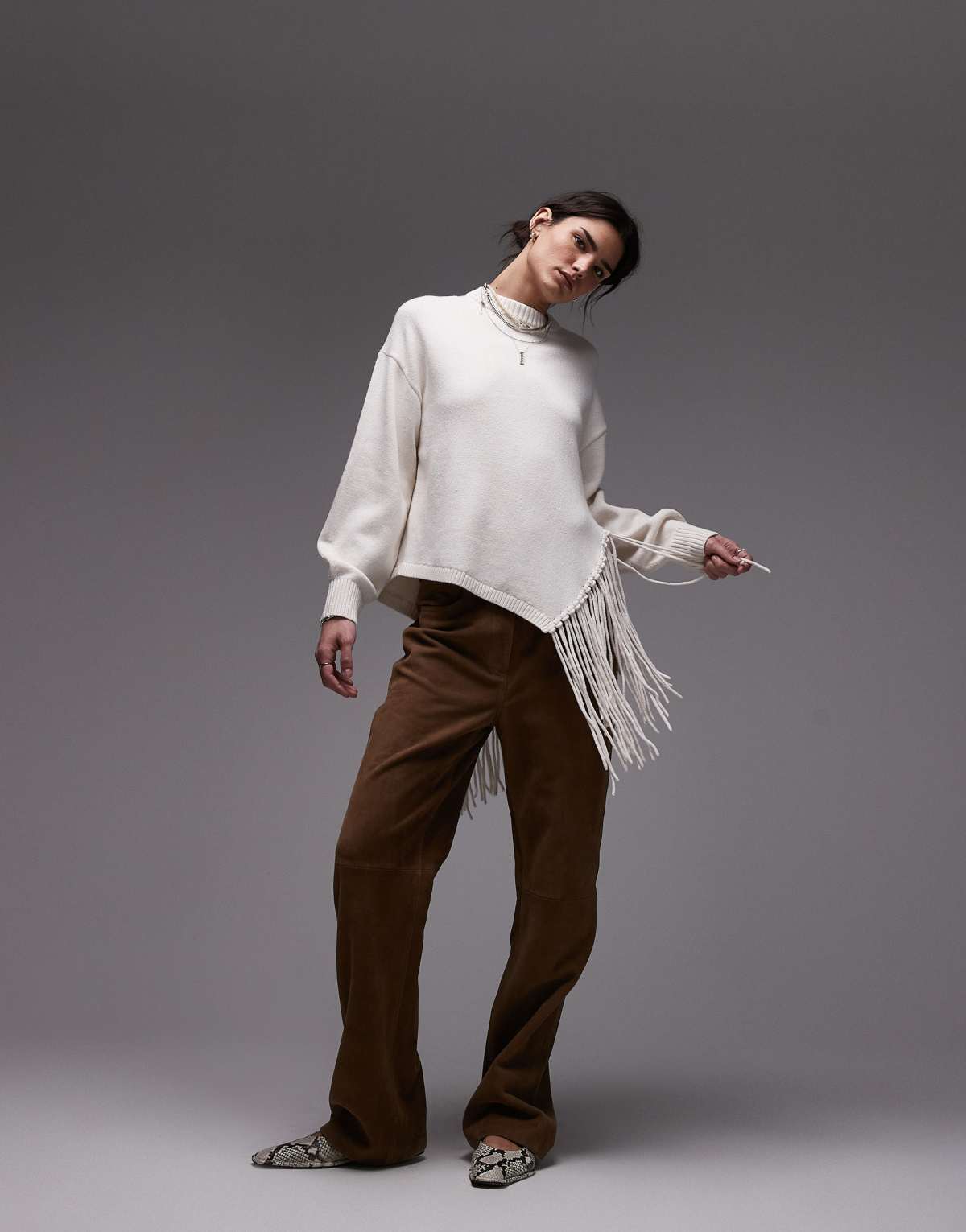 & Other Stories sweater with asymmetric fringe hem in off white