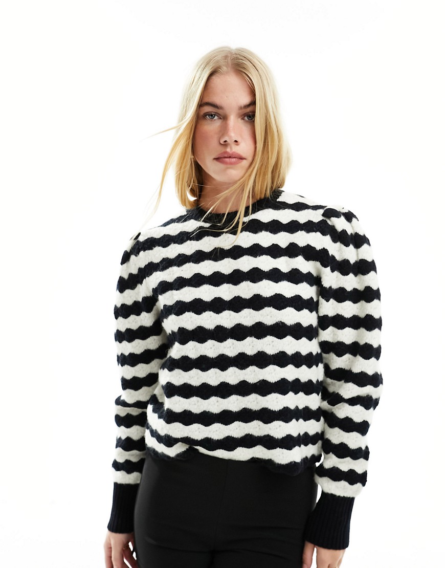 & Other Stories sweater with volume sleeves in mono scalloped stripe-Multi