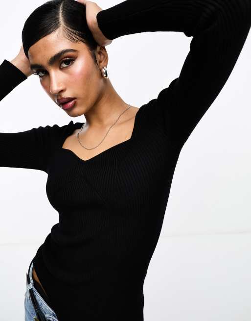 Monki ribbed sweetheart neckline long sleeve top in black