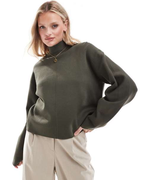 & Other Stories knitted roll neck sweater in dark khaki