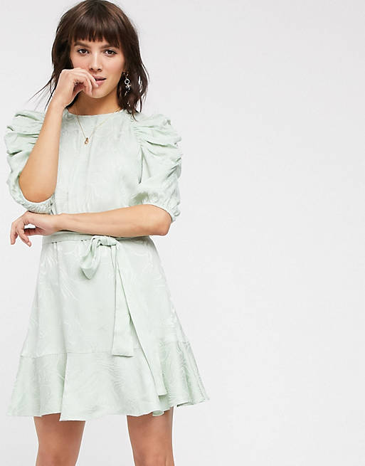  & Other Stories swirly jacquard belted mini dress in sage green 