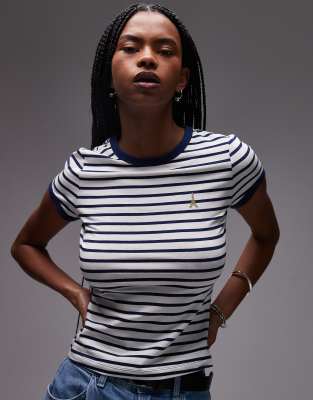 T-shirt ajusté en jersey à mancherons et broderie placée - Rayures bleues-Multicolore XS