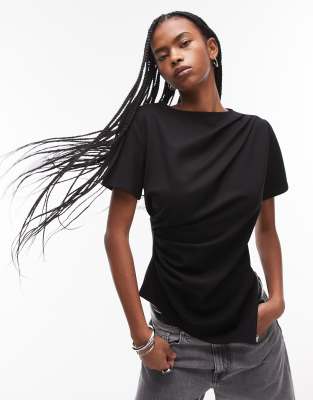 & Other Stories - T-Shirt aus Jersey in Schwarz mit Drapierung vorne und asymmetrischem Saum mit Schlitz