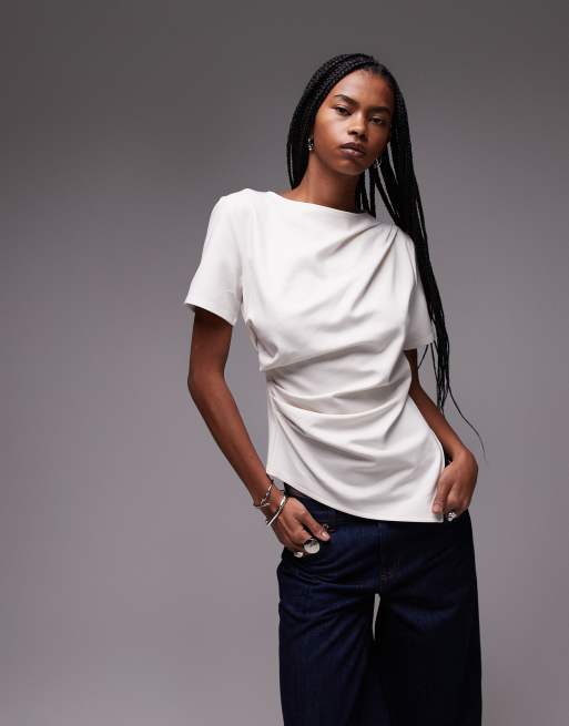 & Other Stories - T-shirt in jersey bianca con drappeggio sul davanti e spacco asimmetrico sul fondo