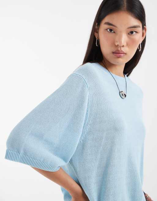 & Other Stories t-shirt in maglia aperta, maniche corte, morbida, in puro cotone, blu, 3 di 4