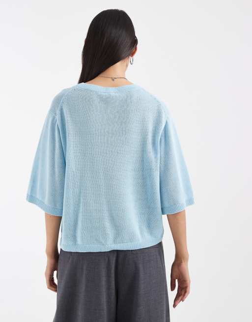 & Other Stories t-shirt in maglia aperta, maniche corte, morbida, in puro cotone, blu, 4 di 4