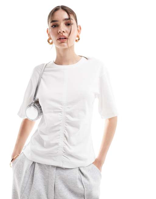& Other Stories t-shirt top with ruched front in white