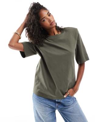 & Other Stories t-shirt with shoulder pads in khaki-Green