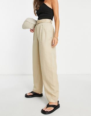 & Other Stories tailored belted straight leg trousers in beige - ASOS Price Checker