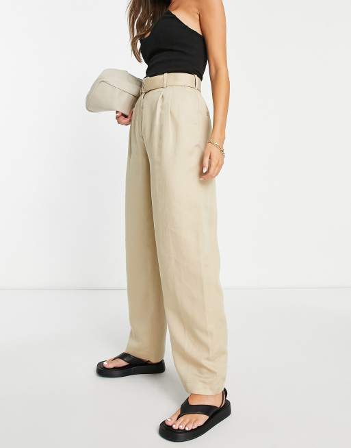 Beige Wide-Leg Tailored Pants