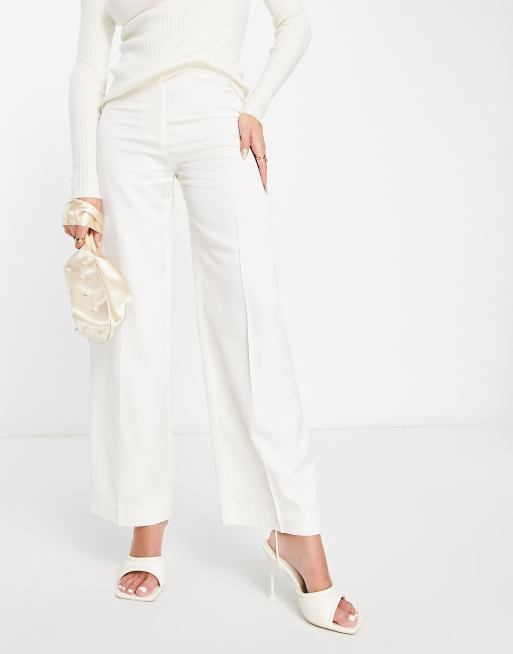 White Linen Look High Waisted Tailored Pants