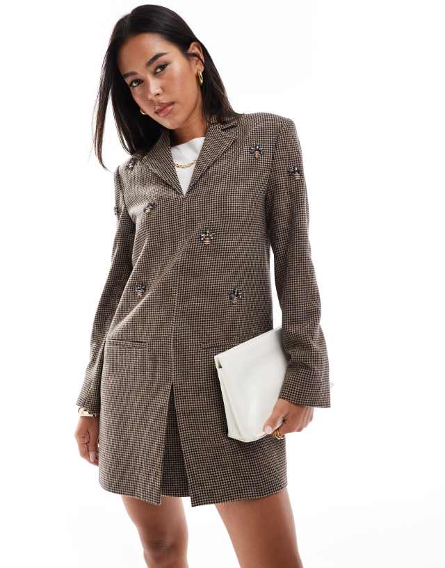 & Other Stories - tailored tweed blazer mini dress in brown dogtooth check