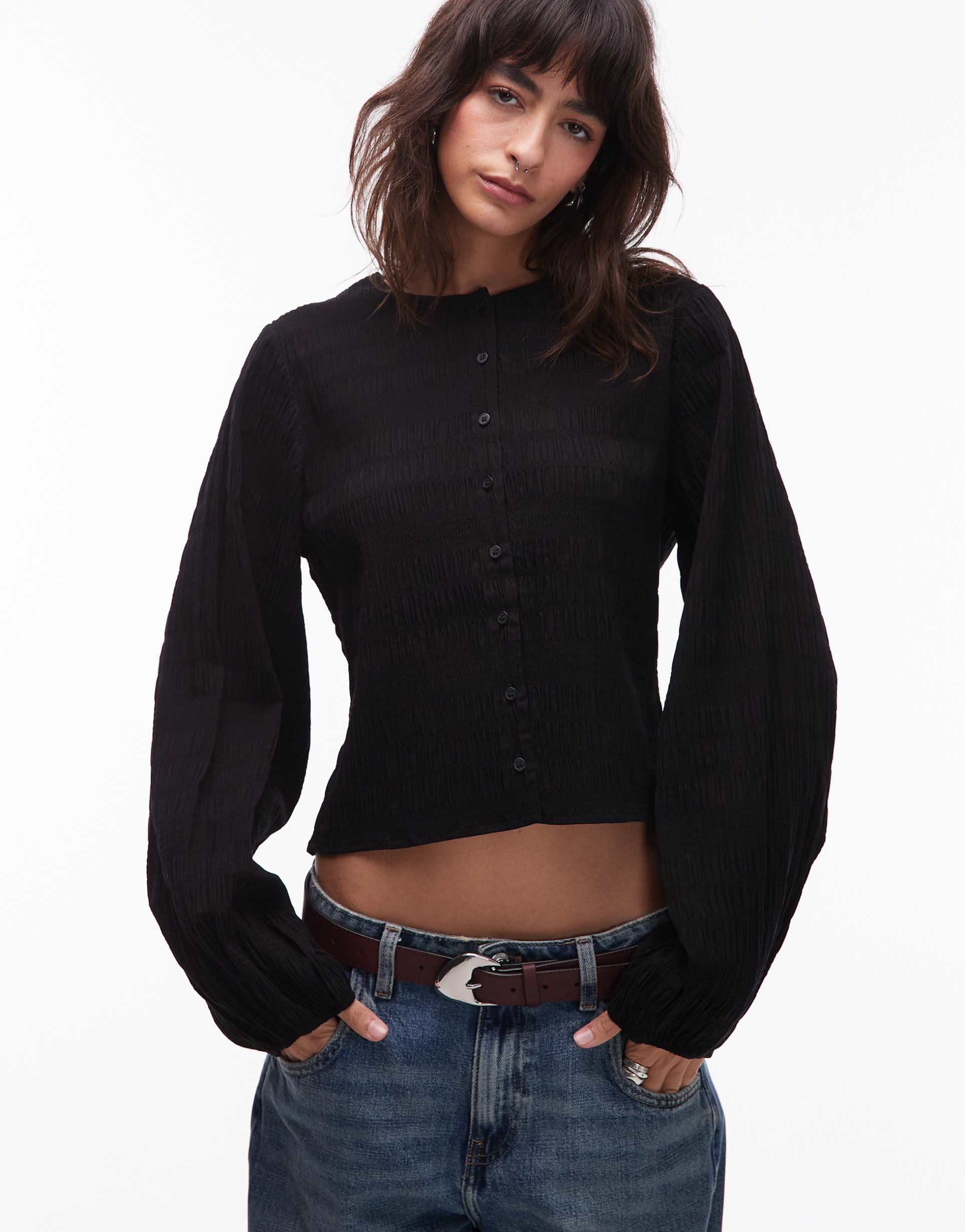 & other stories textured blouse with button front in black
