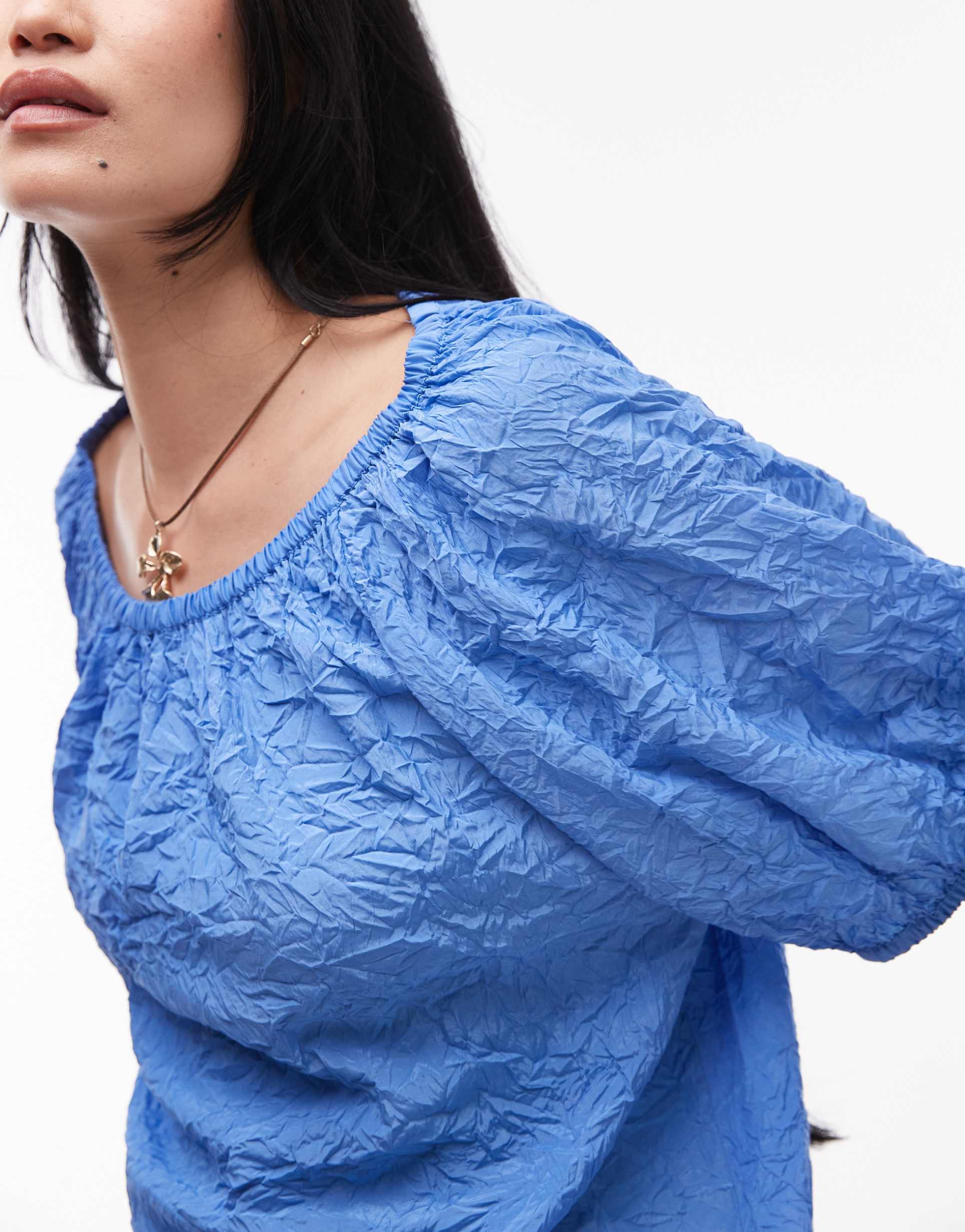 & other stories textured blouse with puff sleeves and keyhole tie back in blue
