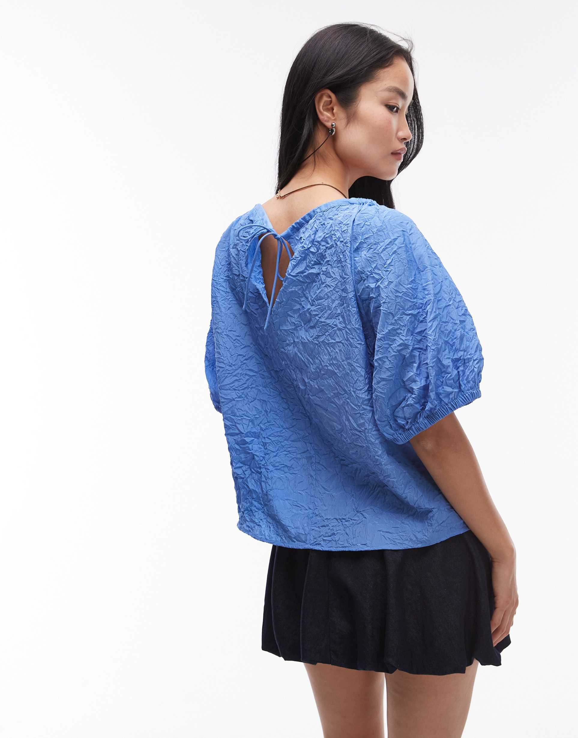 & other stories textured blouse with puff sleeves and keyhole tie back in blue