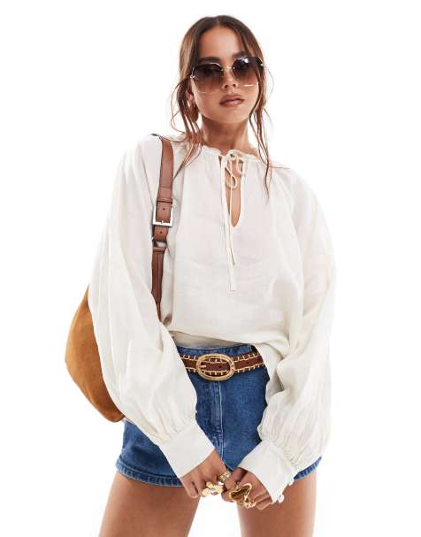 & Other Stories textured blouse with volumes sleeves and bow tie neck detail in off white - view 1