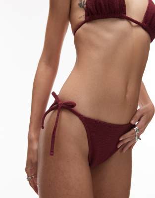 & Other Stories Textured Crinkle Side Ties Bikini Bottoms In Burgundy