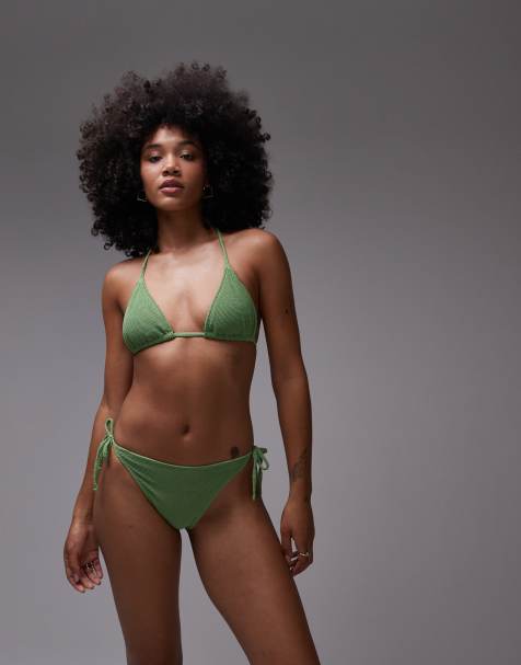 & Other Stories textured crinkle triangle bikini top with removeable padding and bottoms in green - view 1