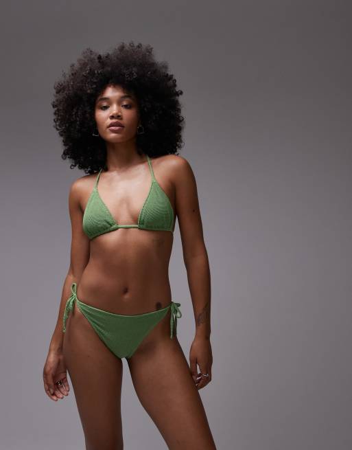 & Other Stories textured crinkle triangle bikini top with removeable padding and bottoms in green